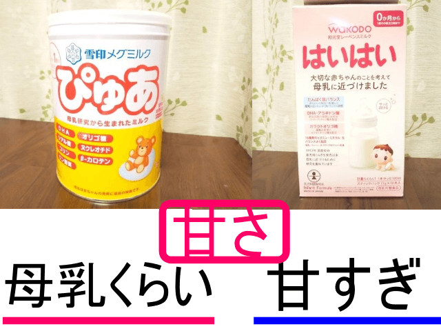 赤ちゃん用ミルクの雪印メグミルク「ぴゅあ」と和光堂「はいはい」の甘さを説明した写真